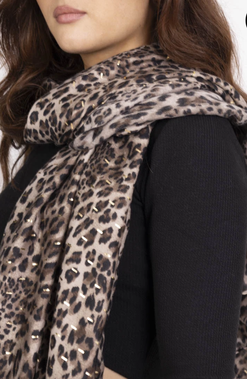 Foulard camel léopard avec dorure