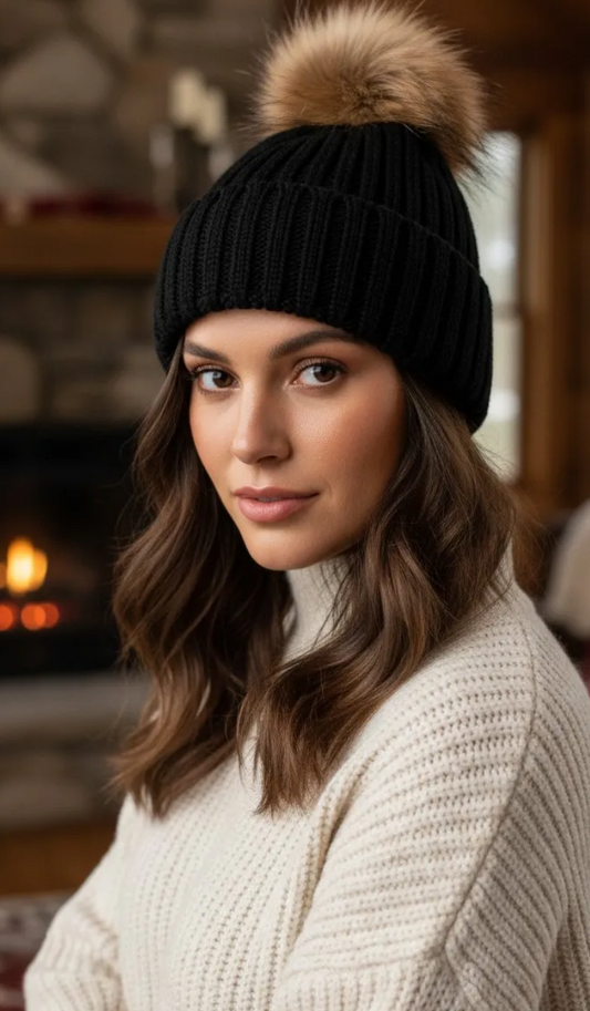 Bonnet avec pompon en raton laveur