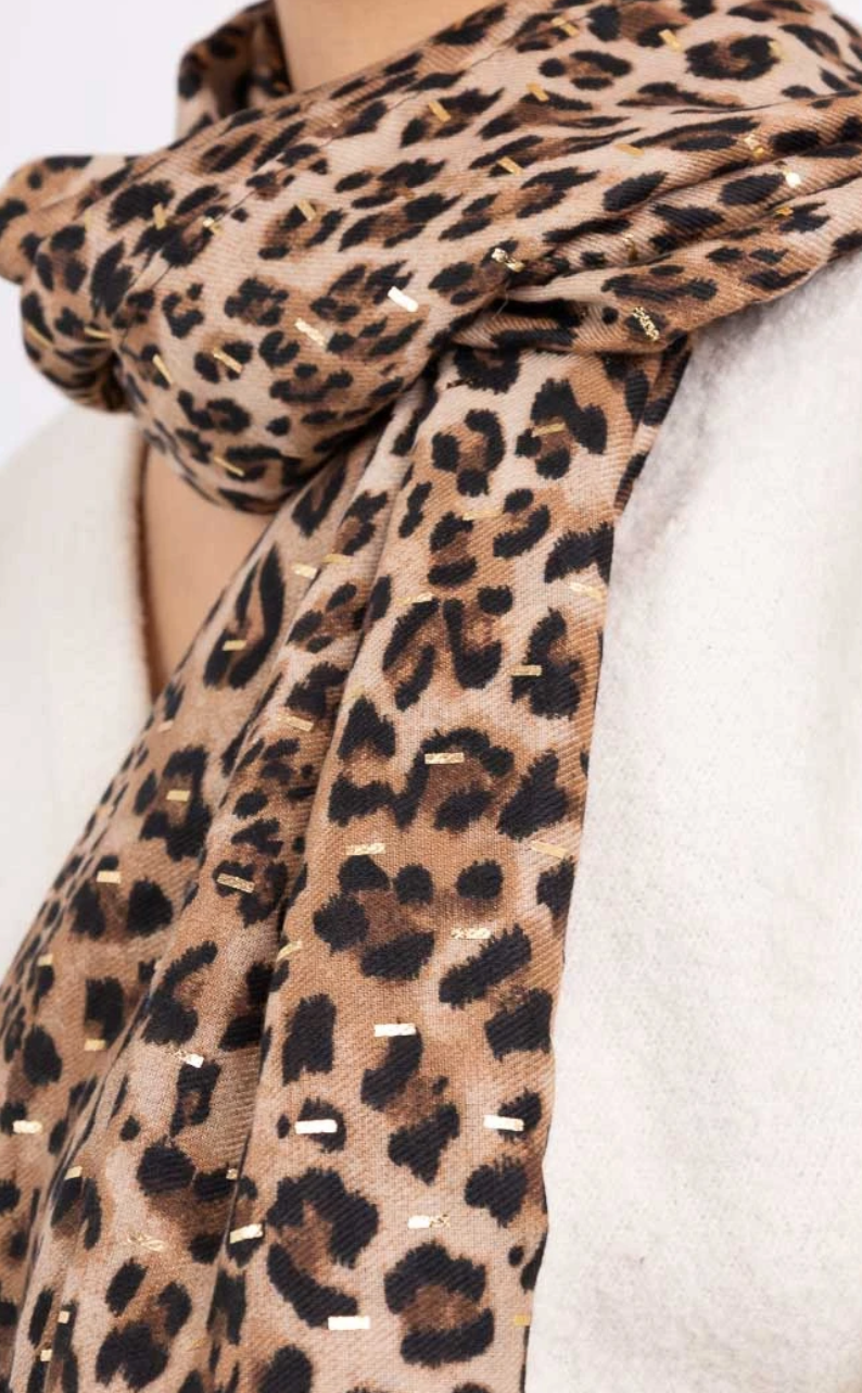 Foulard camel léopard avec dorure