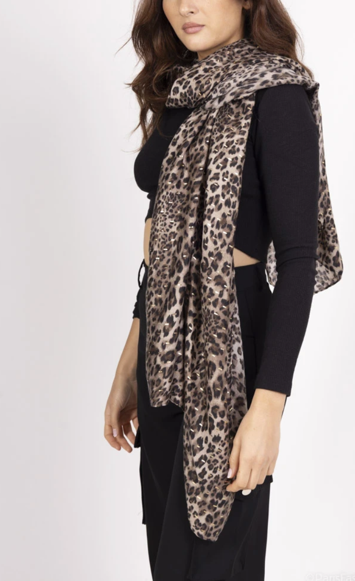 Foulard camel léopard avec dorure