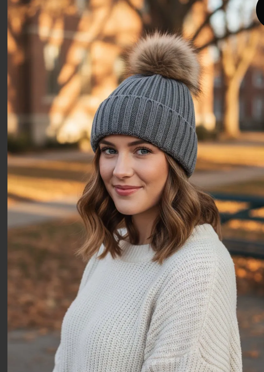 Bonnet avec pompon en raton laveur