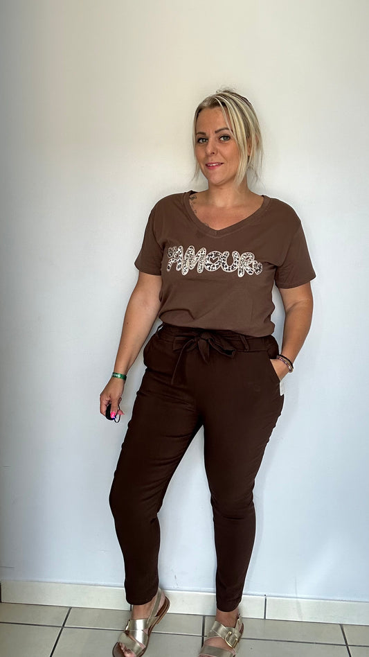 Pantalon confort taille haute – chocolat