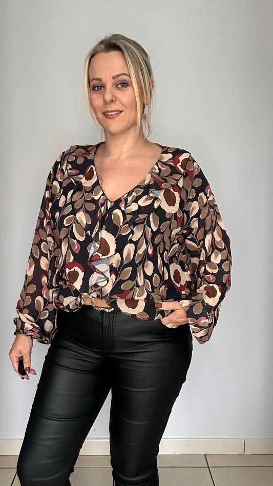 Blouse fluide imprimée col volanté