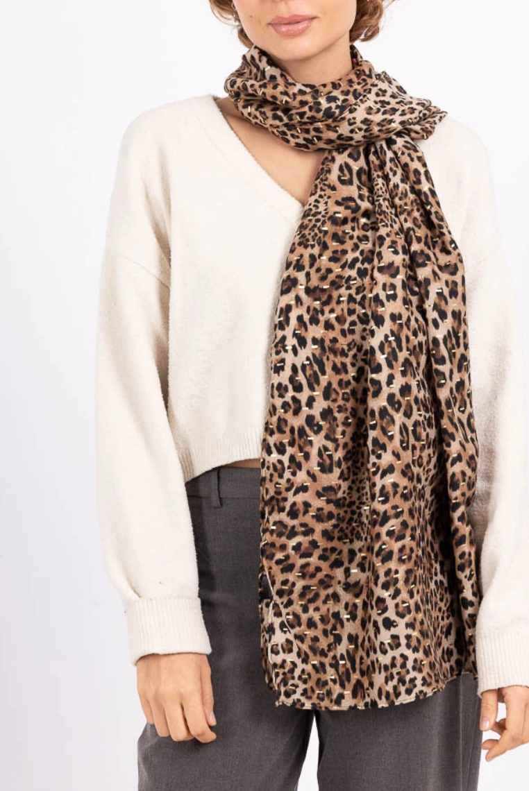 Foulard camel léopard avec dorure